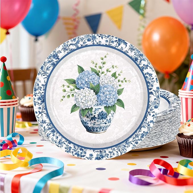 50Pcs Blue Hydrangea Paper Plates 9 Inch Disposable Blue White Chinoiserie Vintage Floral Dessert Plates Spring Tea Party Dinner Plate for Tea Wedding Baby Shower Birthday Bachelorette Decorations