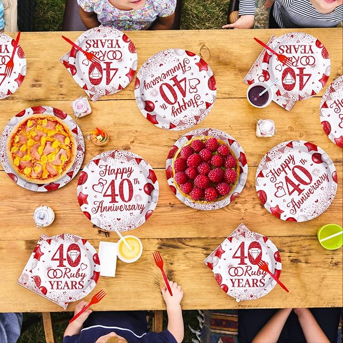 96Pcs 40th Wedding Anniversary Party Supplies Red Happy 40th Anniversary Plates and Napkins Ruby 40 Years Tableware Set for Men Women 40 Years Wedding Anniversaries Party Decorations Serves 24