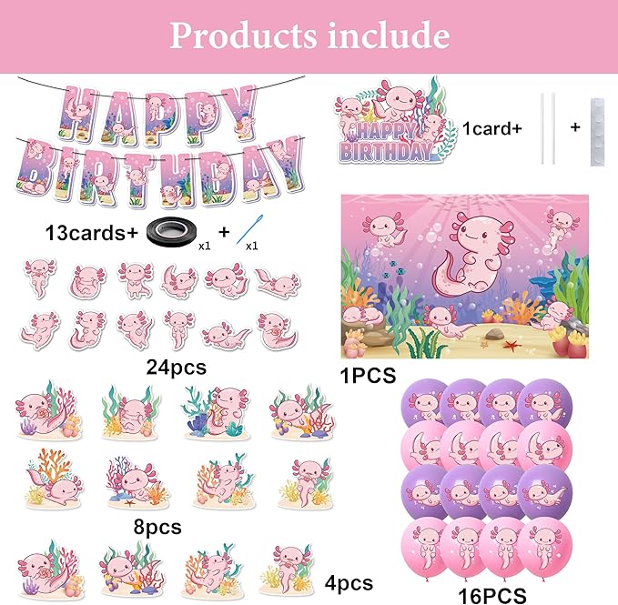 Cute axolotl Themed Birthday Party Decorations Supplies Set — Banner Hanging Spirals Backdrop Honeycombs Cupcake Toppers Stickers — Pink & Aqua Party Supplies