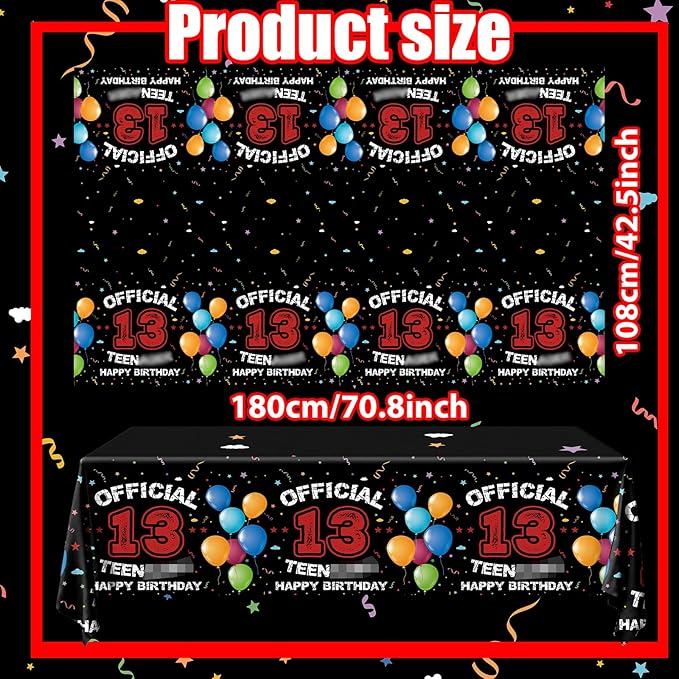 13th Birthday Decorations for Boys Red Black 13th Happy Birthday Tablecloth for Official 13 Teenager 13 Year Old Boy Birthday Decor