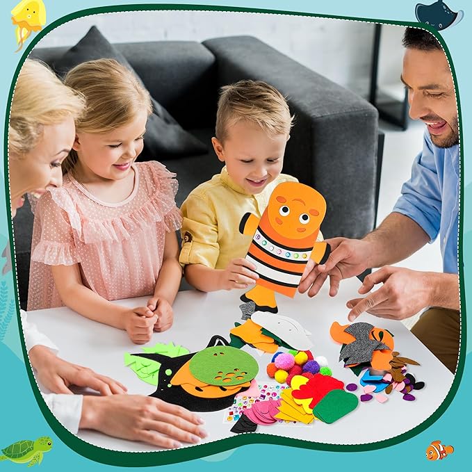 WATINC 12Pcs Hand Puppet Making Kit, Art Craft Felt Sock Puppet Toys, Creative DIY Make Your Own Pompoms Wiggle Googly Eyes Storytelling Role Play Party Supplies Gift for Girls Boys (Animals Ocean A)