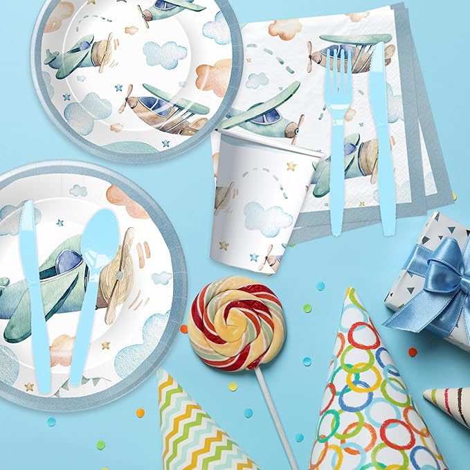 Airplane Birthday Party Supplies - Airplane Decorations Tableware, Paper Plate, Cup, Napkin, Fork, Baby Shower Dinnerware | Serve 24
