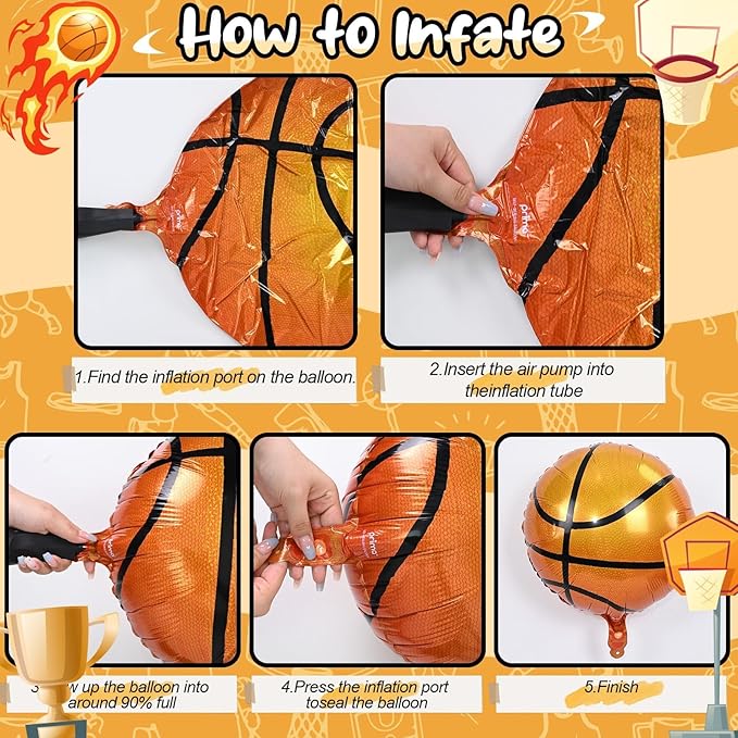 18 Inch Basketball Balloons Decor, 4PCS Orange and Black Basketball Foil Balloon for Party Decorations, Mylar Sport Balloons for Boys Men Sports Theme basketball Birthday Party Decorations Supplies