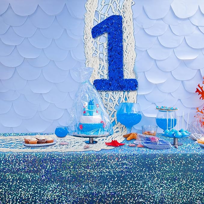 Unittype 6 Pcs Fish Net Decorative and Tablecloth Set, Cotton Fishnet and Plastic Table Cover Decorations Set for Nautical Themed Party Baby Shower Pirate Decorations Mermaid Party(Laser Shine)
