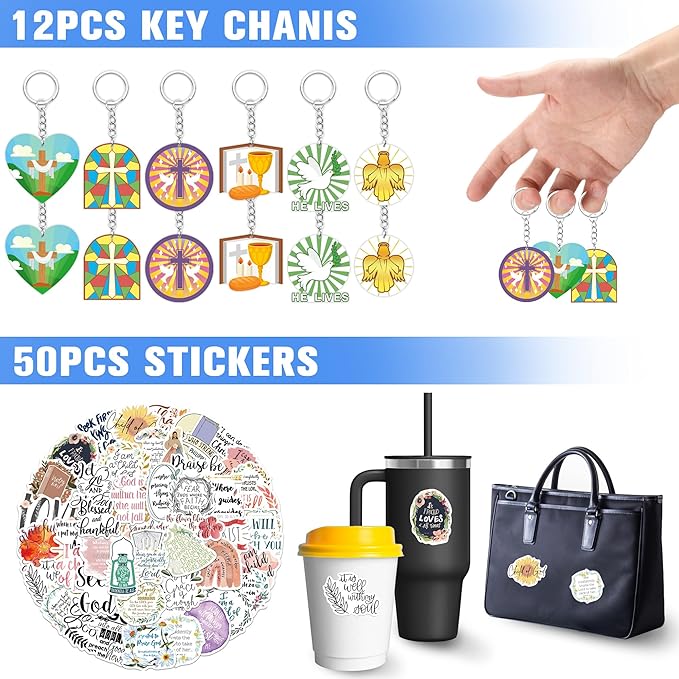 Tazimi 122 PCS Christian Bible Party Favors Jesus Party Favors Cross Goodie Bags with Stickers Rubber Bracelets Button Pins and Bags for Christian Party Supplies Decorations