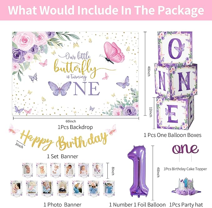 Xigejob Butterfly First Birthday Decorations Girl - Butterfly 1st Birthday Party Supplies, Include Balloon Arch, Backdrop, Balloon Box, Highchair Banner, Hat, Photo Banner