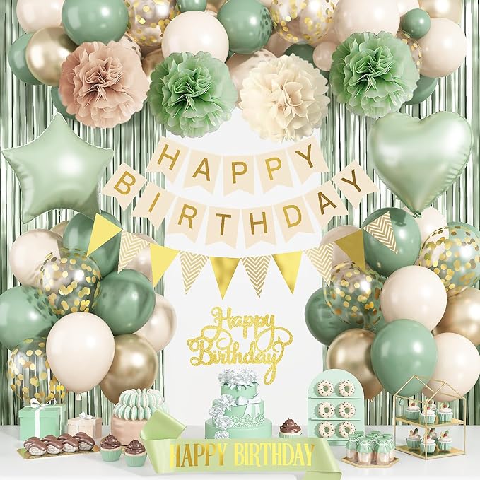 Sage Green Birthday Decorations, Neutral Green Gold Nude Party Décor with Foil & Latex Balloons Sash Fringe Curtains Happy Birthday Banner Cake Topper Paper Pompoms Party Decor for Women Girl