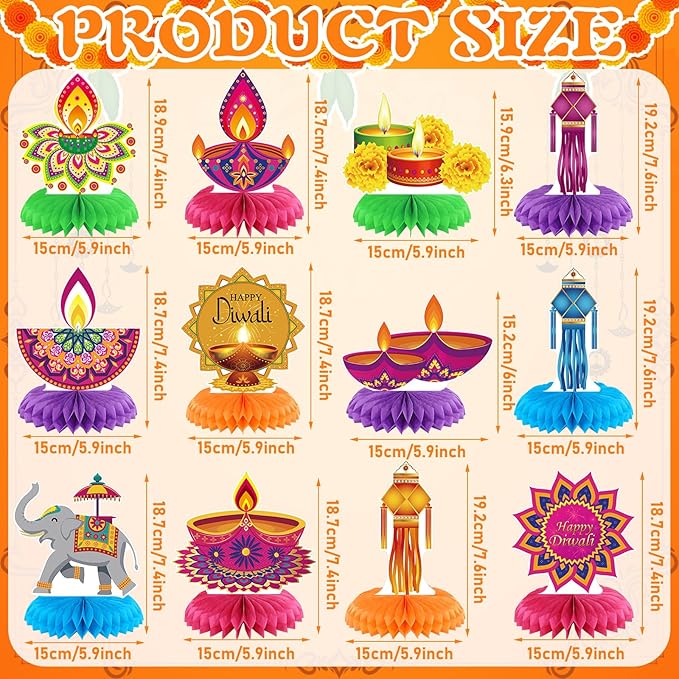 12 Pcs Diwali Party Decorations Honeycomb Centerpieces Happy Diwali Table Decoration Elephants Marigold Candlestick Indian Hindu Lights Table Topper for Indian Party Favors Supplies