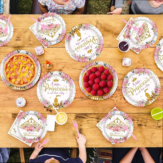 Grencian 96Pcs Princess Baby Shower Birthday Party Decorations A Little Princess is on Her Way Paper Plates and Napkins Castle Themed Birthday Tableware for Girls One Year Old Fairytale Party Supplies