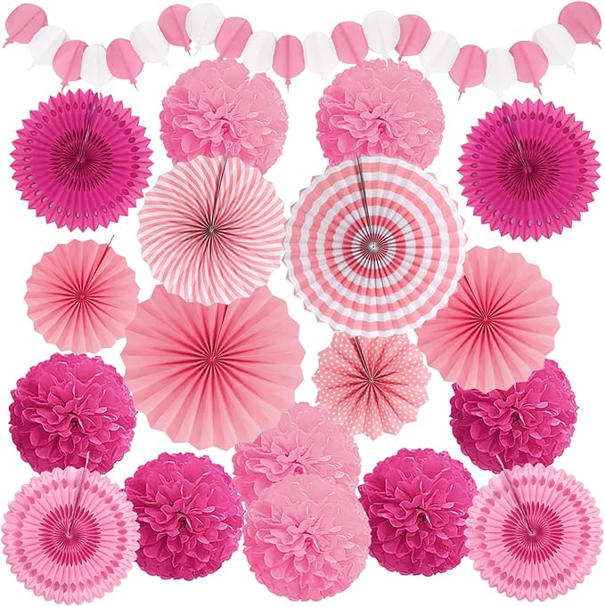Party Decorations, Pink Papar Fans Pompoms Garlands for Women Girls Mothers Day Bachelorette Wedding Birthday Baby Showers Valentine's Day Party Decorations