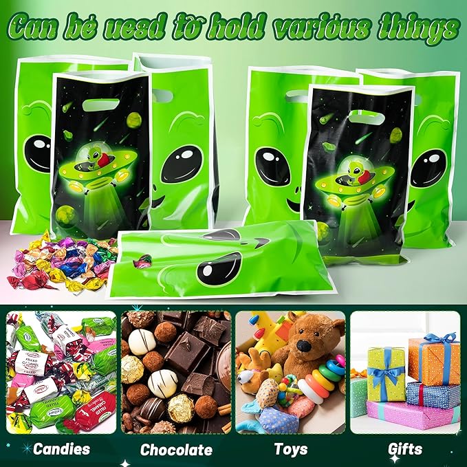 Green Alien Party Favor Bags 50Pcs Fun Alien Goody Candy Treat Gifts Bags, Space Themed Party Decorations for Kids Boys Girls Birthday Space Theme Events Supplies