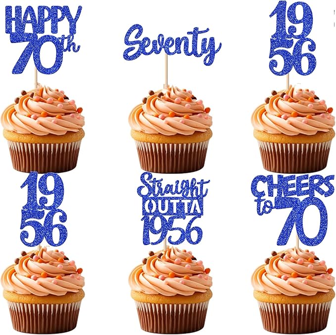 30 PCS 70th Birthday Cupcake Toppers Glitter Seventy Happy 70 Straight Outta 1956 Cupcake Picks for Cheers to 70 Fabulous 70th Birthday Anniversary Party Cake Decorations Supplier Blue