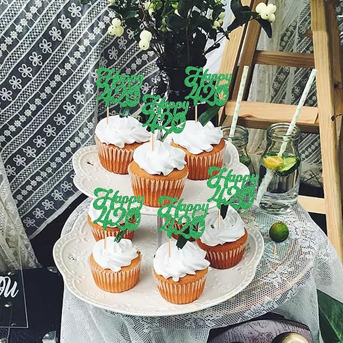 Ercadio 24 Pcs Green Glitter Marijuana Cupcake Toppers Have a Dope Birthday Cake Topper Cake Decorations for Men Women Marijuana Them 420 Birthday Party Supplies