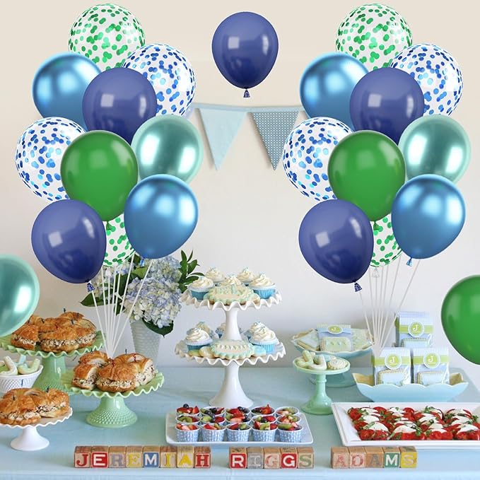 Blue and Green Balloon Set, 12 Inch Navy Blue Dark Green Balloons Metallic Chrome Ballons, Confetti Green Blue Balloons for Jungle Safari Theme Boys Birthday Party Decorations