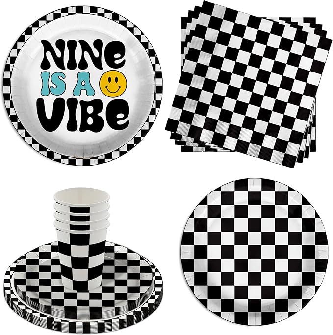 Nine is a Vibe Smiley Face 9th Birthday Party Supplies - 64 Piece Boys Ninth Birthday Tableware Set Includes Large 9" Dinner Plates and 8" Dessert Paper Plates Napkins Cups - Kit for 16