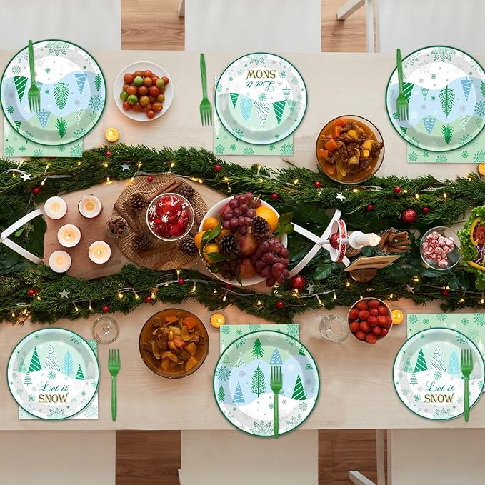 96Pcs Christmas Winter Forest Party Supplies Winter Wonderland Paper Plates and Napkins Snowflake Tree Disposable Party Tableware Set Xmas Dinnerware for Holiday Dessert Birthday Decoration Serve 24