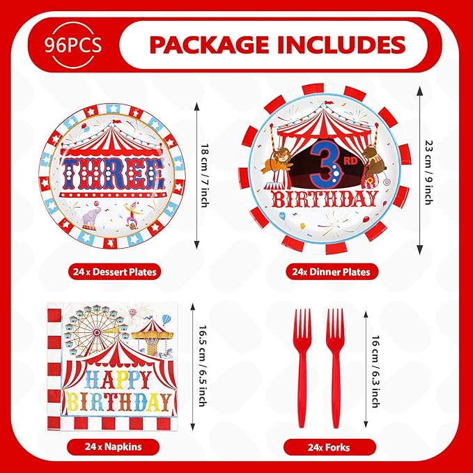 96Pcs Carnival 3rd Birthday Party Decorations Christmas Carnival Circus Third Birthday Plates and Napkins Tableware Sets Circus Theme Decoration for Kids Baby Shower Three Years Old Supplies Serves 24