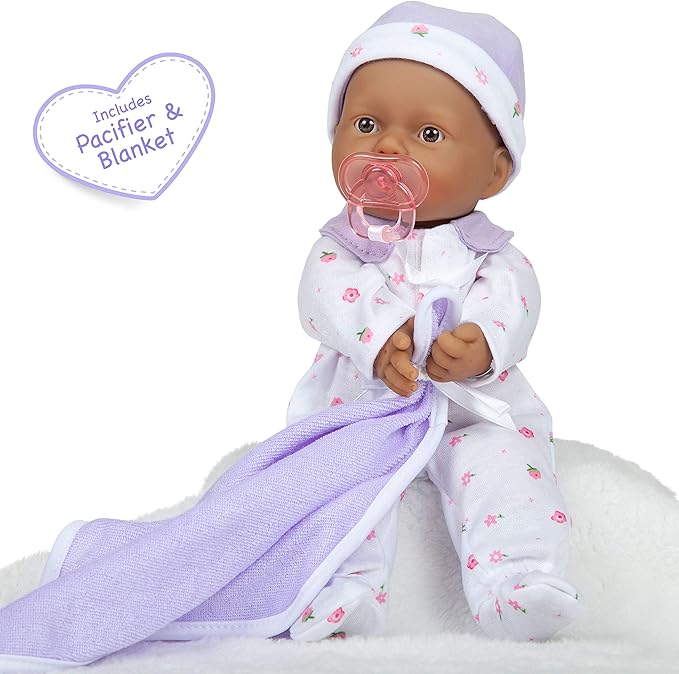 JC Toys La Baby Hispanic Baby Doll Set – 11 Inch Soft Body Doll with Accessories Including a Removable Purple Outfit – Small Baby Doll Toy for Children 12 Months and Older