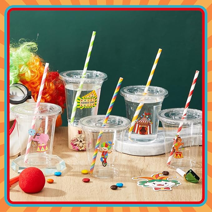 Boao 36 Sets Circus Carnival Cups with Lids and Paper Straws 14 oz Circus Carnival Birthday Party Supplies Favors Disposable Clear Plastic Cups Bulk