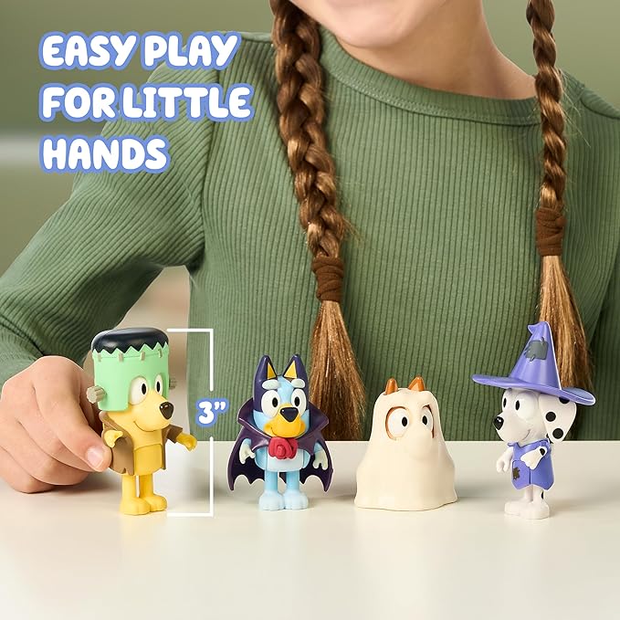 Bluey Halloween Figures Pack of 4, Robust Articulated Character Toys with Bingo, Chloe, and Lucky Figurines, Small Action Figures for Kids Ages 3+