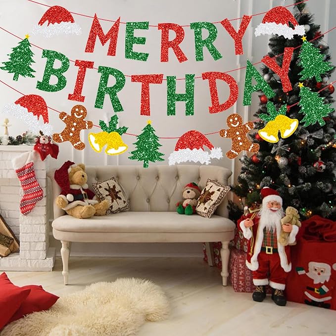 Zwiebeco Merry Christmas Birthday Party Decorations Red Green Banner Hanging Paper Tree Gingerbread Man Bells Hat Sign for Xmas Wall Home Garden Outdoor Accessories Supplies