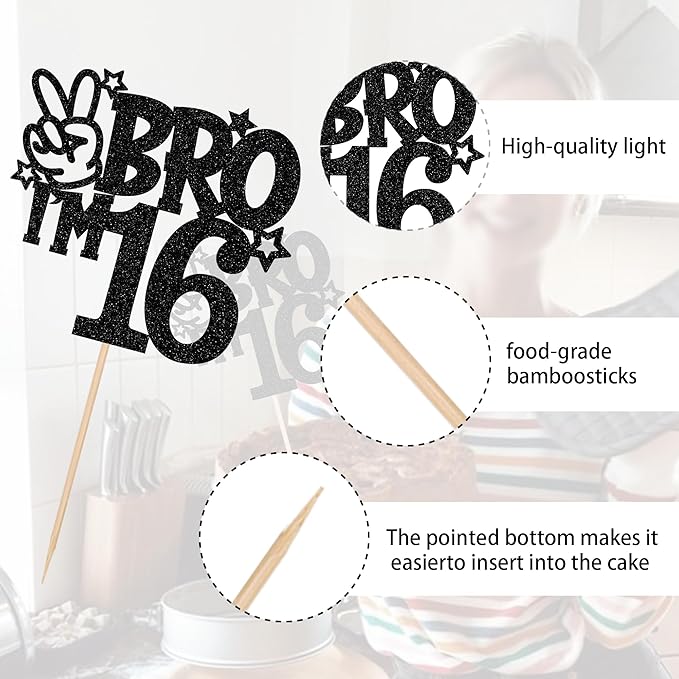 1 PCS Brother I'm 16 Cake Topper Glitter Star Happy 16th Birthday Cake Pick Bro I'm 16 Cake Decoration It's My 16th Birthday Decorations for Boys Cheers to 16 Years Old Birthday Party Supplies Black