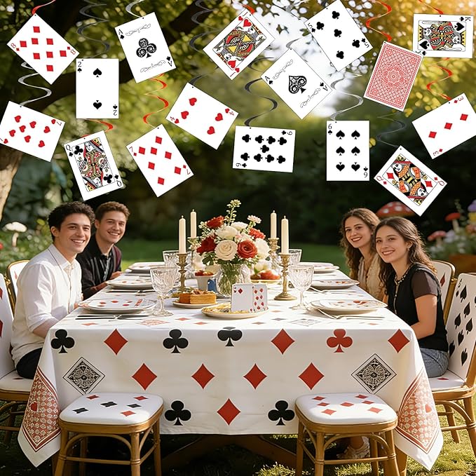 30Pcs Wonderland Tea Party Hanging Swirls Poker Cards Hanging Swirls Wonderland Theme Party Decoration Poker Cards Ceiling Streamers Banner Decor for Birthday Baby Shower Casino Party Supplies
