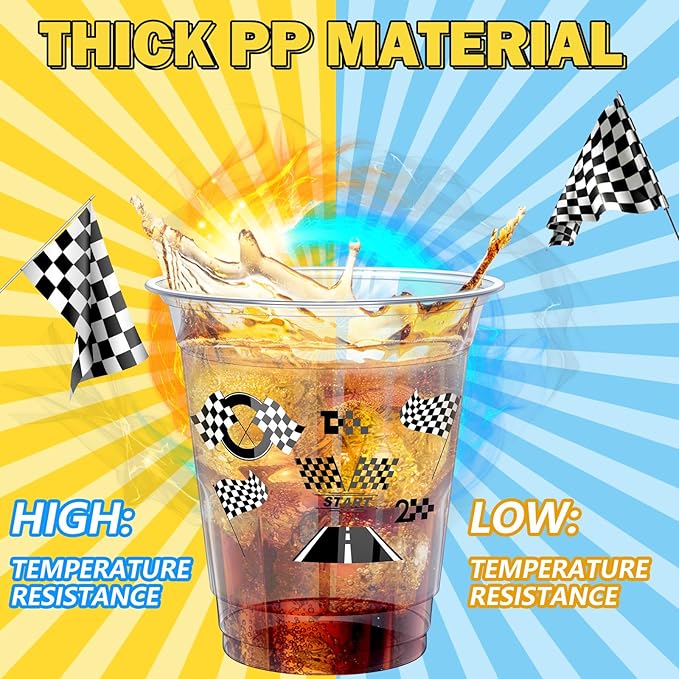 Uiifan 50 Pcs Race Car Cups Checkered Flag Party Supplies Bulk 12 oz Black White Disposable Plastic Clear Race Cups Racing Birthday Party Decorations for Fast One Two Checkered Birthday Favor