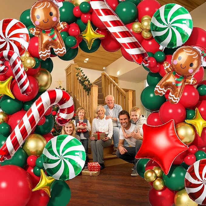 Christmas Balloon Garland Arch Kit Red Green Gold Latex Balloons Large Gingerbread Man Red Green Lollipop Candy Mini Cane Foil Balloons with Four/Five Pointed Star for Xmas New Year Party Decorations