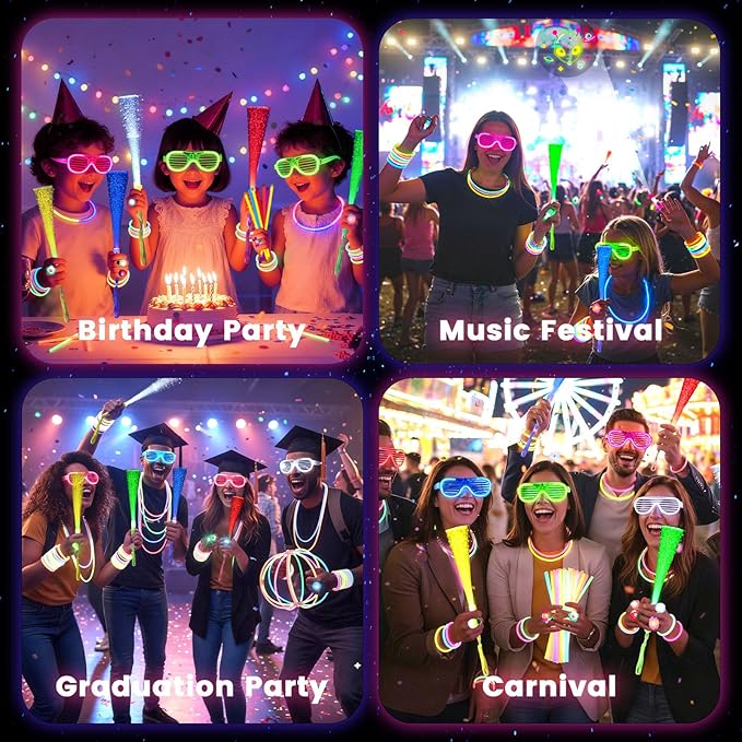 LovesTown 260PCS Glow in the Dark Party Supplies for Kids Adults, Light up Party Favors with LED Glasses Glow Sticks Finger Lights Light up Rings for Easter Basket Stuffers Raves Accessories