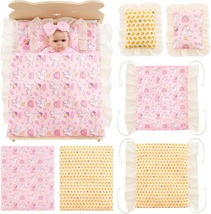 6 Set 18 Inch Doll Bedding Accessories Set, Included Comforter, Mattress, Pillow Cute Accessories- Fits 18 Doll Beds, Bunkbeds, Cribs and Cradles, Featuring Pretty Lace and a Securing Cord