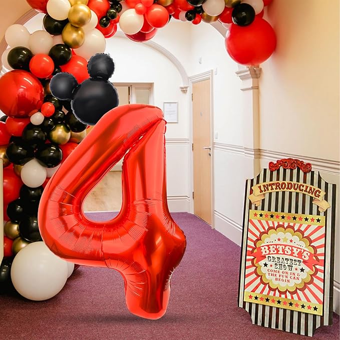 Mouse Number 4 Balloon 40 Inch Red Number 4 Balloon Mini Mouse Head Balloon for 4th Birthday Party, Black Red Large Number 4 Foil Balloon for Baby Shower Anniversary Supplies Decorations