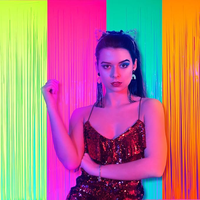 Weysat Glow in The Dark Party Supplies 4 Pack 3.3x6.6ft Neon Party Decoration Neon Tinsel Foil Fringe Curtain 2026 Vbs Photo Booth Backdrop Streamer for Birthday Decor(Green, Rose Red, Yellow, Orange)