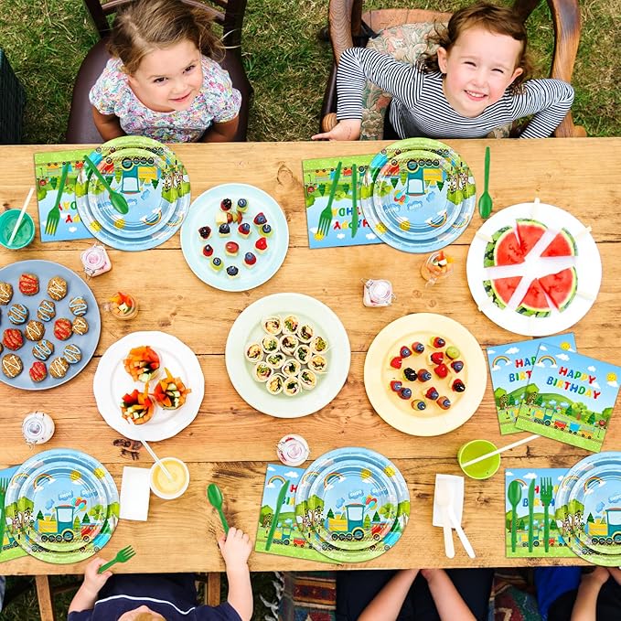 Avezano 168 PCS Train Birthday Party Supplies Includes Paper Plates, Cups, Napkins, Knives, Forks, Spoons for Chuagaa Train Birthday Party Decorations, Serves 24
