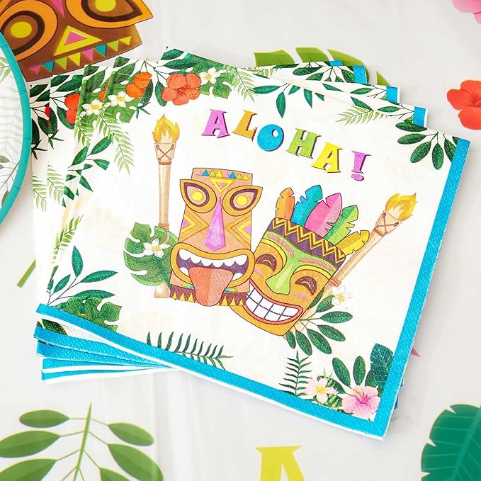 WERNNSAI Aloha Luau Plates and Napkins - Serves 50 Gusets 100PCS Hawaiian Tropical Tiki Party Supplies Disposable Tableware Set Luncheon Dinner Paper Plates Napkins for Birthday Party