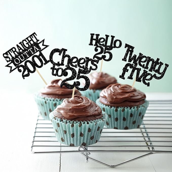 Ephlyn 24Pcs 25th Birthday Cupcake Toppers Glitter Straight Outta 2001 Cupcake Picks Hello 25 Cheers to 25 Years Cake Decorations for 25th Birthday Anniversary Party Decorations Supplies Black