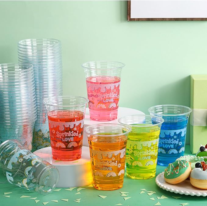 Qinyoung 50 Pcs 16 oz Donut Sprinkle Cups for Donut Baby Shower Decorations Baby Shower Cups Plastic Disposable Drinking Cups Donut Birthday Party Supplies