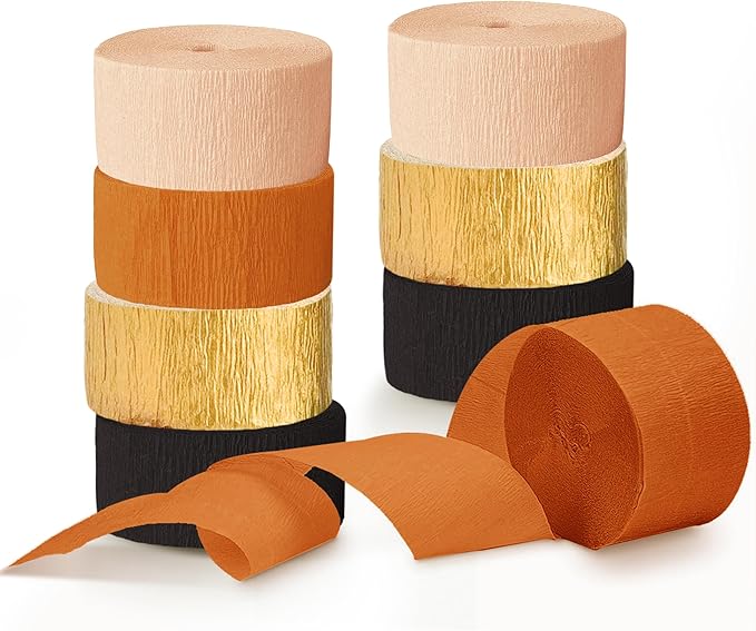 Thanksgiving Party Decorations, 8 Rolls Black Orange Gold Crepe Paper Streamers, Paper Tassels Party Streamer for Fall Autumn Thanksgiving Day Halloween Party Decoration