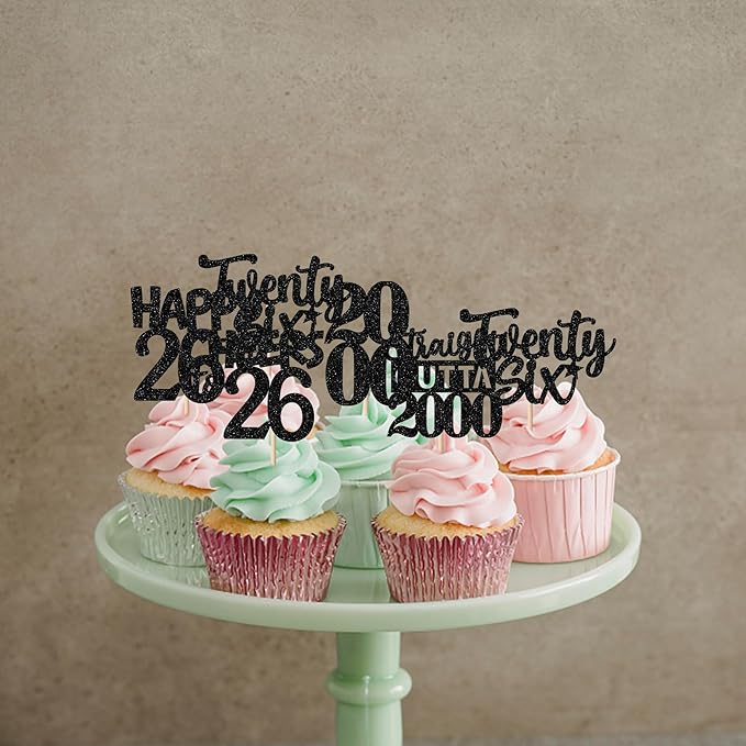 30PCS Black 26th Birthday Cupcake Toppers Glitter Twenty Six Happy 26th Straight Outta 2000 Cupcake Picks for Cheers to 26 Years Birthday Wedding Anniversary Party Cake Decorations Supplies