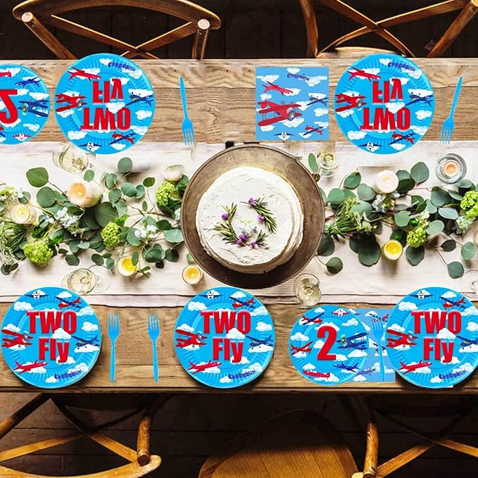 Airplane 2nd Birthday Party Plates Two Fly Disposable Paper Dinner Plates Dinnerware for Aviation Theme Boys Two Years Old Birthday Party Supplies Decorations