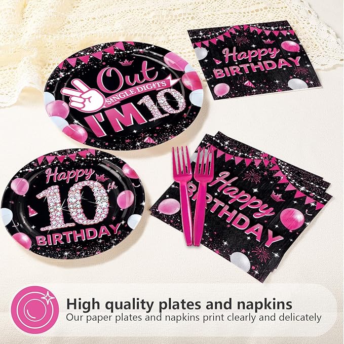 96Pcs 10th Birthday Party Supplies Black and Hot Pink Plates Napkins and Forks Diamond I’m 10 Disposable Paper Tableware Set for Girls 10 Years Old Birthday Party Supplies Serves 24