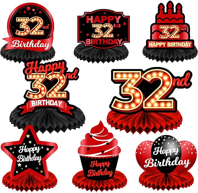 Happy 32nd Birthday Red and Black Table Honeycomb Centerpieces Balloons Theme Decor Table Decorations Table Toppers for Girls Women Princess 32 Years Old Birthday Party Bday Supplies Background Gold