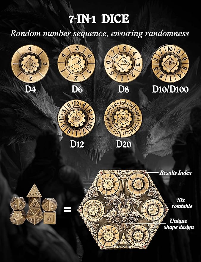 D&D Dice Set,7PCS Metal Dice for Dungeons and Dragons,Mini Dice Set with Pocket Watch Case,Role Playing Board Games Accessories (Dragon, Gold-S)