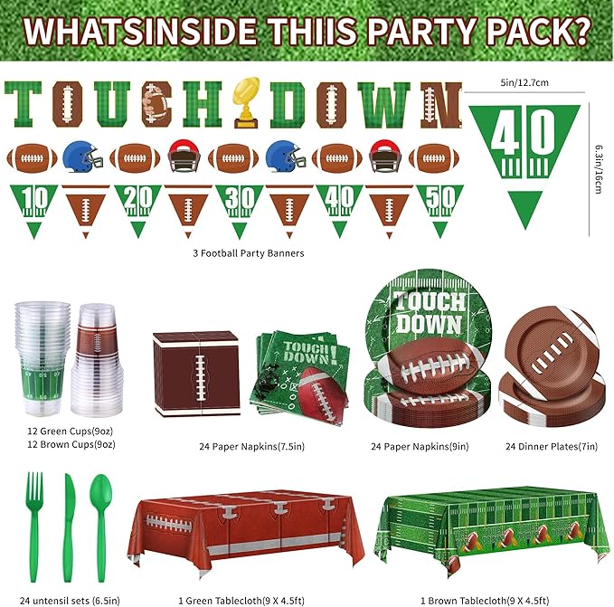 173PCS Football Party Supplies Kit for 24 Guests - Football Birthday Party Supplies with Paper Plate Napkin Big Cup Cutlery Banners Touchdown Tablecloth Tailgate Party Decorations(B)