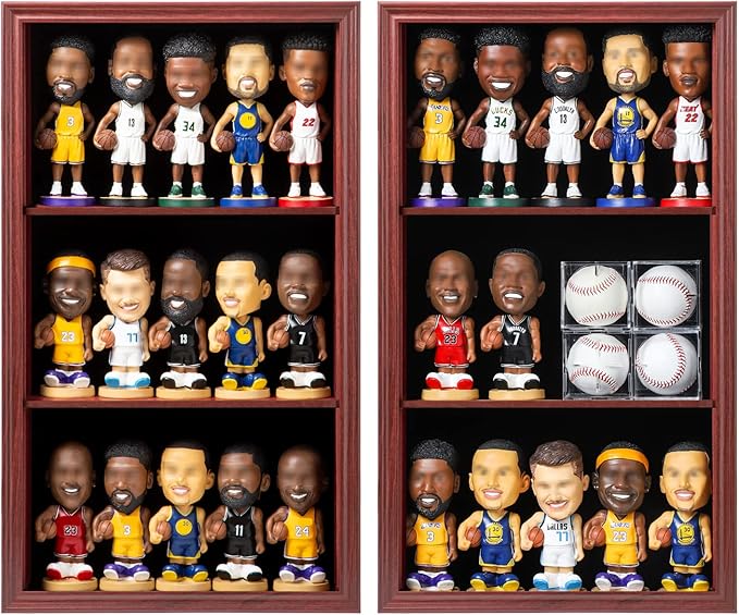Bobblehead Display Case Action Figure Display Case Bobble Head Shadow Box Wall Cabinet for 15 Figurines Display with Lockable Anti Fade Uv Protection for Bobble Head, Action Toy Figures,Mahogany