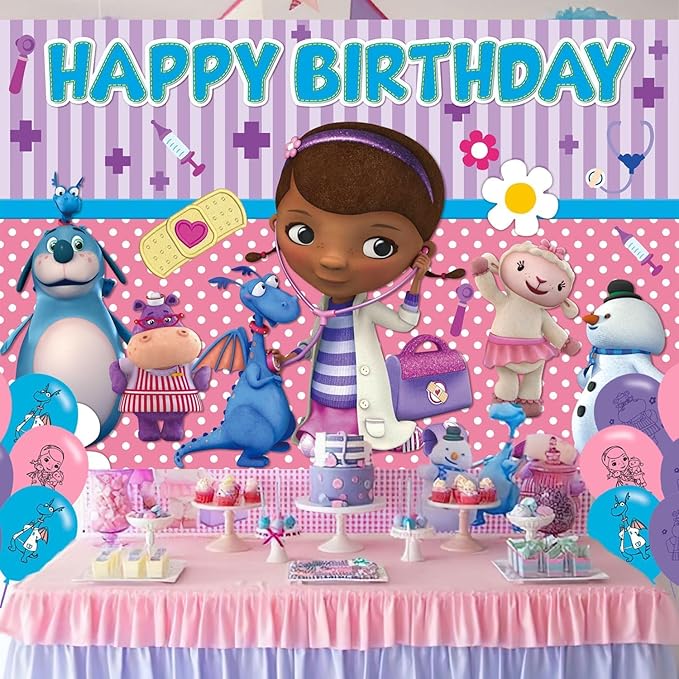 Doc Girls Birthday Party Decoration,Doc McStuffins Party Photo Background 5 x 3 FT and 18 Pcs Balloon,Cartoon Merch Party Backdrop Supplies
