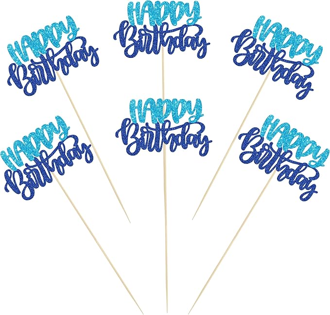Gyufise 12Pcs Happy Birthday Centerpieces Sticks Double Sided Glitter Birthday Party Decorations Anniversary Table Flower Centerpiece for Celebrating Party Supplies Blue Dark Blue
