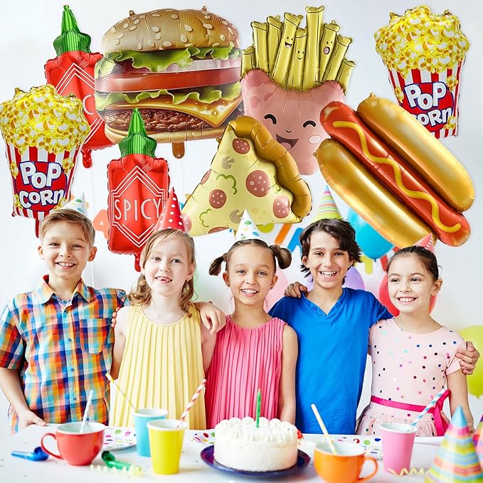 8 Pcs Food Themed Balloons Hot Dog Hamburger French Fries Popcorn Picnic Foil Balloons for BBQ Party Decorations Picnic Cookout Snacks Birthday Party Decorations Supplies