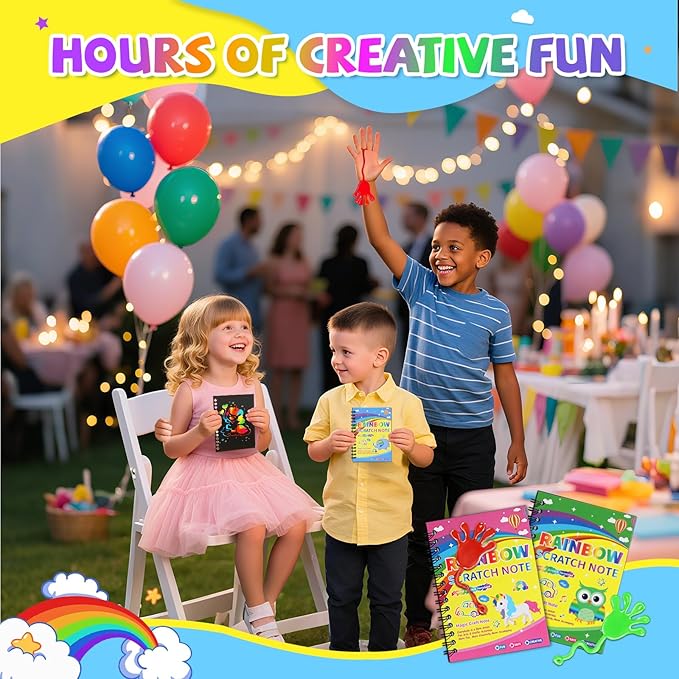 24*3 Pack Scratch Art Notebook+Sticky Hands+Stickers,Party Favors for Kids 4-8-12,Return Gifts for Birthday Party,Easter Basket Stuffers,Classroom Prizes Bulk Gifts for Students