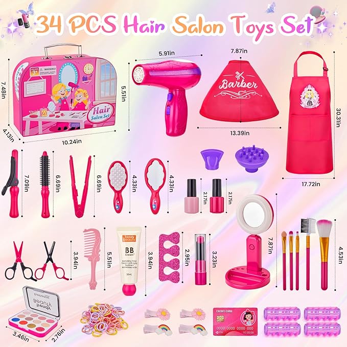 Hair Salon Toys for Girls,34Pcs Pretend Play Makeup Beauty Hair Styling Set with Blow Dryer, Mirror,Barber Apron, Scissors and Stylist Accessories Girls Toys for 3-9 Year Old